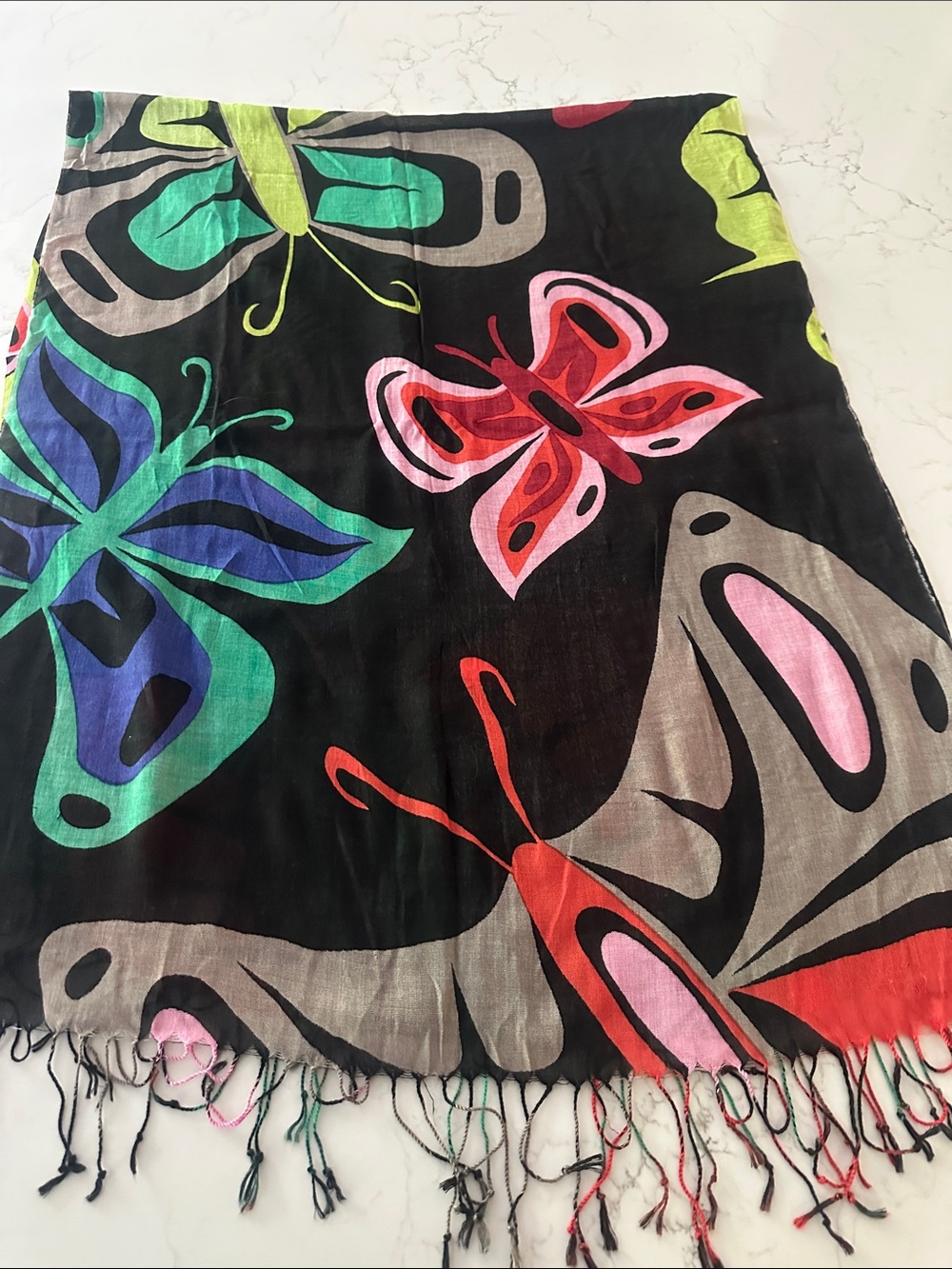 Native Northwest Black Butterfly Print Scarf with Bright Accents